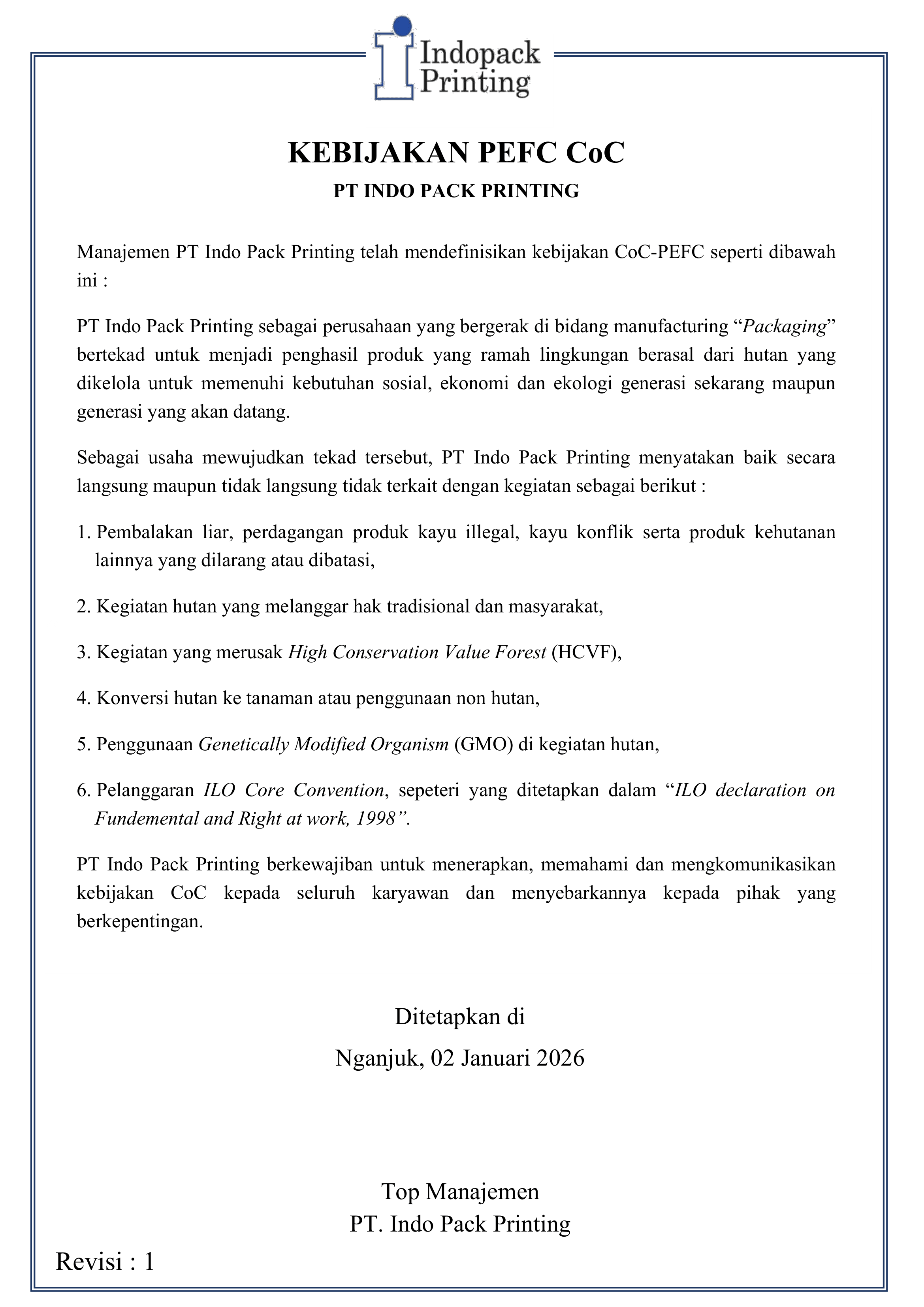 Kebijakan PEFC CoC